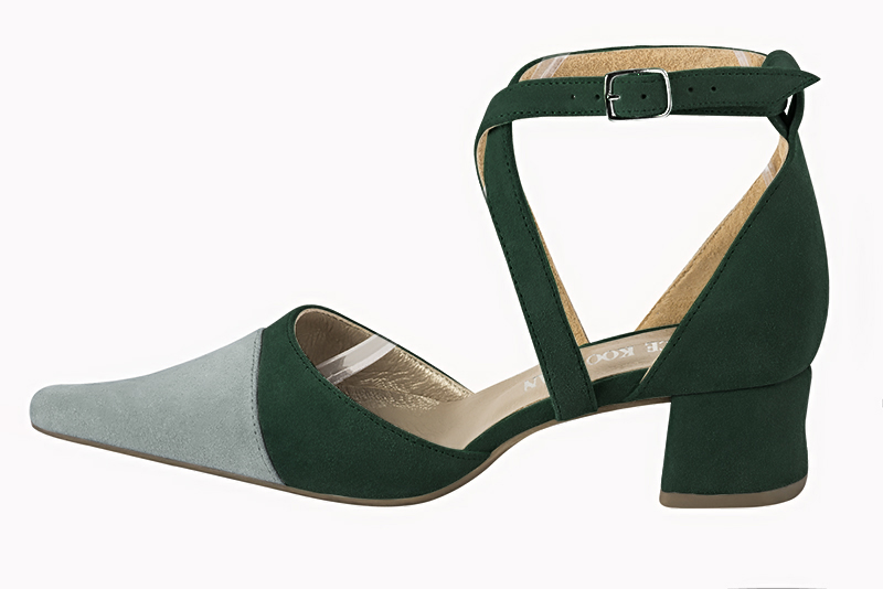 Aquamarine blue and forest green women's open side shoes, with crossed straps. Pointed toe. Low flare heels. Profile view - Florence KOOIJMAN